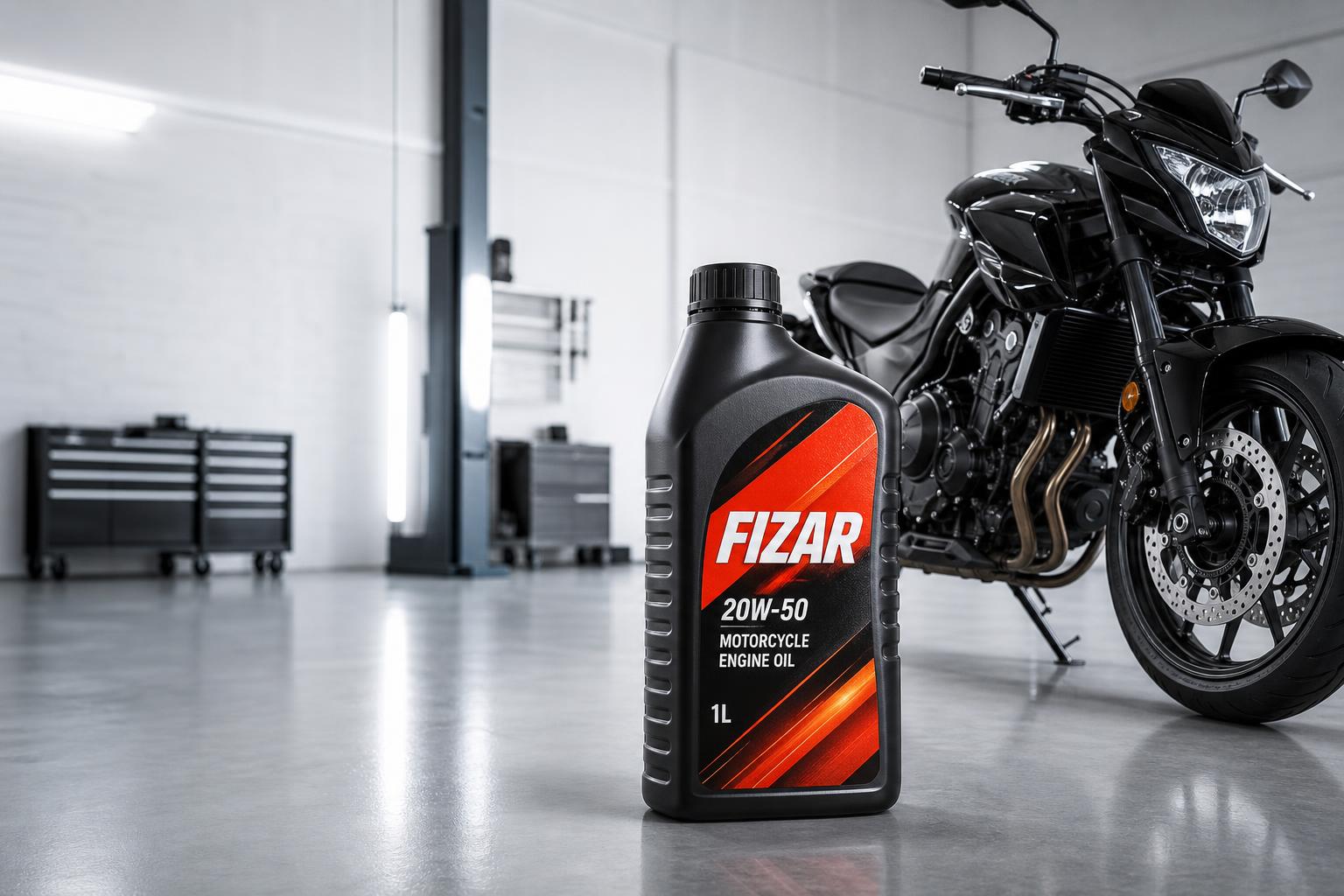 Fizar 20W-50 motorcycle engine oil bottle with motorcycle